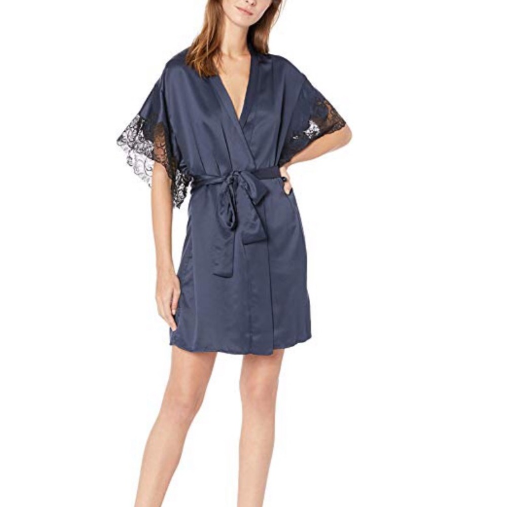 Natori Satin Short Wrap Robe XL New NWT Navy Blue